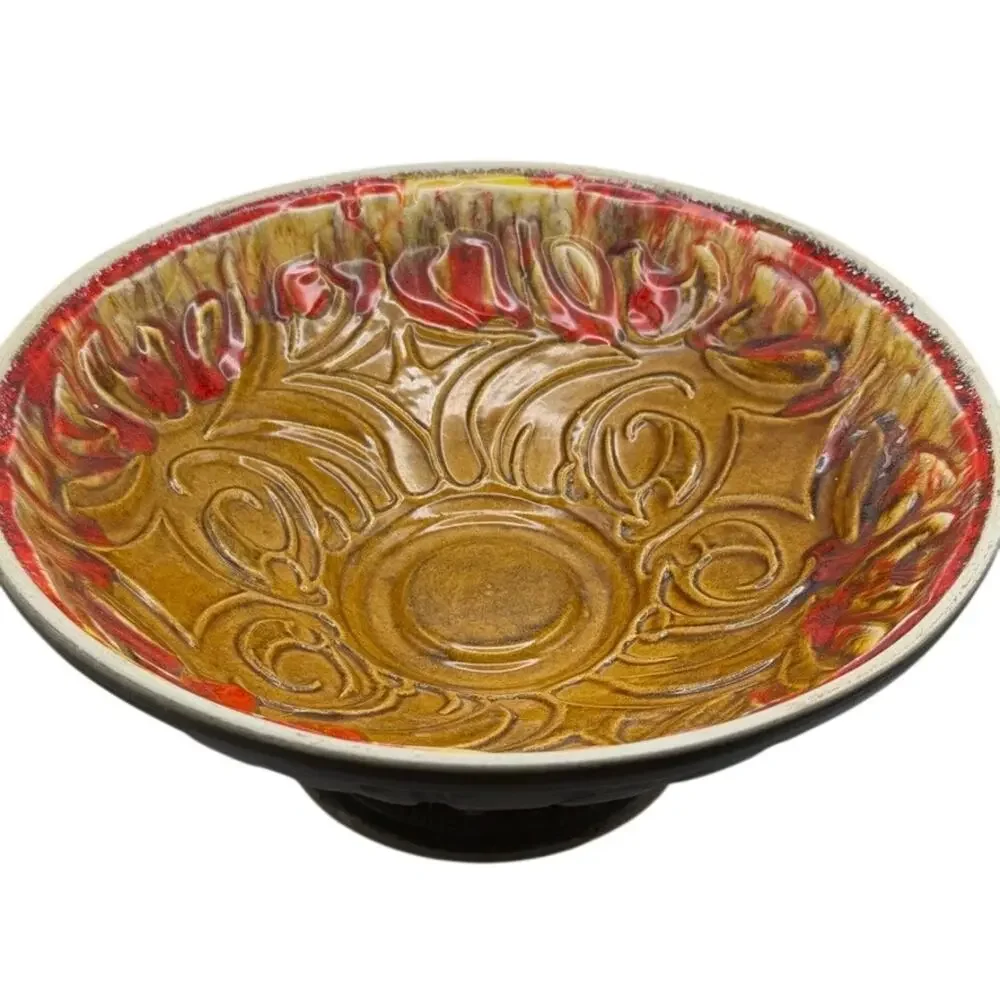 California Art Pottery Pedestal Bowl R-192 USA Drip Glaze Textured Vintage MCM